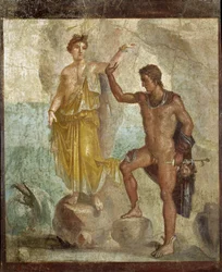 Perseus befriar Andromeda. Fresk, 98 x 120 cm. Från Dioskurernas hus (Casa dei Dioscuri) i Pompeji. 300 e.Kr. Nationella arkeologiska museet, Neapel (Arkeologiska museet i Neapel). © Raffael/Leemage