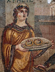 Fången Chresis överlämnar nycklarna till sin lösensumma till sin tillfångatagare Agamemnon, detalj ur Chresis-mosaiken som upptäcktes i Daphne, Antiochia, Turkiet
