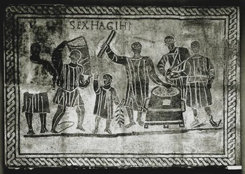 ROMERSK KONST: Mätning av sädeskornet (majs). Majsutdelningen som Gaius Gracchus ..., 200-talet e.Kr (mosaik)