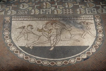 Rape of Europa, golvmosaik från Lullingstone Roman Villa, ca 82 AD, Eynsford, Kent, England, Storbritannien, romersk civilisation