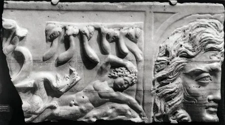 Relief föreställande Jona och valen, från katakomben i St. Priscilla, Rom