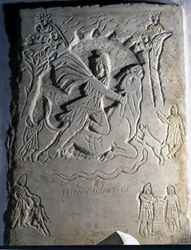 Relief som visar den iranska gudomen Mithra (eller Mitra) slaktar tjuren, ett djur som är förknippat med den. 4:e århundradet. Palazzo dei Conservatori, Rom.