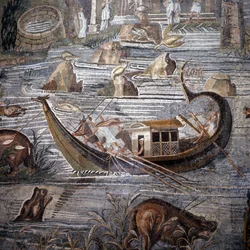 Flodfartyg från 1:a århundradet f.Kr. Detalj av mosaiken av Palestina. Rodret är i aktern och dubbelt. Denna mosaik kommer från Temple of Fortune och finns nu bevarad på Barberini Palace.