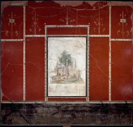 Romersk konst: ”Bukoliskt och sakralt landskap”. Fresk tillskriven Amando-mästaren. Från Agrippa Postumus villa i Boscotrecase. 1:a århundradet. Mått: 153x98 cm. Neapel, Museo Archeologico Nazionale