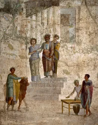 Romersk konst: "" Jason vänd mot sin farbror Pelias"" romersk fresk av den 3:e pompeianska stilen från platsen för Pompei. 40-60 e.Kr. Neapel (fresk)