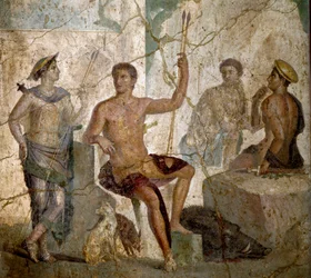 Romersk konst: "" Meleagre och Atalante""" romersk fresk från 1000-talet e.Kr. från Pompeji. Neapel, National Archaeological Museum - Romersk konst: Meleager och Atalanta. Romersk fresk från 1:a århundradet e.Kr. från Pompeji. National Archaeological Museu