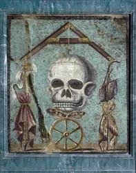 Romersk konst: Memento Mori, symboler för liv och död. Mosaik från Pompeji. 2:a stilen. Dämpa. 47x41 cm Nationella arkeologiska museet, Neapel