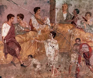 Romersk konst: ”Scen med utomhusbankett” (Utomhusbankett), romersk fresk från Tricliniums hus, Pompeji (Fresk från Casa del Triclinio, Pompeji), 40-60 e.Kr.