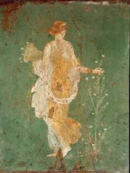 Romersk konst: "" Våren "" Flora (Flora) plockar blommor. fresk från villan i Varano a Stabies (Stabiae), nära Pompei. 15 f.Kr.-60 e.Kr. Nationella arkeologiska museet, Neapel - Romersk konst: Vår, flora plockar blommor. Färskt från villan i Varano i Stabi