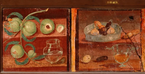 Romersk konst: stilleben med persikor och torkad frukt. Romersk fresk från Pompeji. 1:a århundradet f.Kr.-1:a århundradet e.Kr. Bevarad på Nationella arkeologiska museet i Neapel. Italien