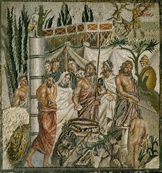 Romersk konst: "" The Sacrifice of Iphigenie"" Kung Agamemnon offrar sin dotter för att lugna Artemis (Dianas) ilska. Mosaik från 1:a århundradet f.Kr. Museum of Ampurias (Empurias), Spanien