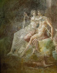 Romersk konst: "Venus och Mars". Fresk från Kitharaspelarens hus i Pompeji. Tredje stilen. Mått: 253 x 150 cm. Museo Archeologico Nazionale, Neapel
