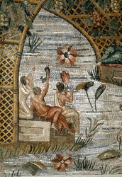 Romersk konst: detalj av den nilotiska mosaiken (Nilen) av Preneste (Palestrina) från Shrine of the Divinity of Fortune Primigenia. 80 f.Kr. Dämpa. 615x506 cm Palazzo Barberini Palestrina, Italien