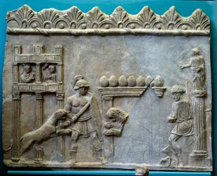 Roman Empire Art of Antiquitis. Venatio: Gladiatorkamp mot bestarna. Skulptur
