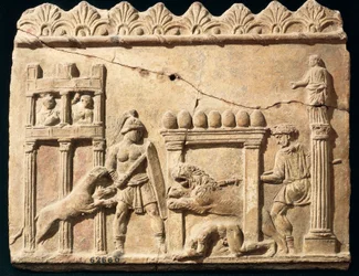 Romersk relief som visar lejon och gladiatorer som slåss på cirkus