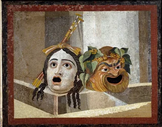 Romerska teatermasker - romersk mosaik, 200-talet e.Kr., från Decius bad på Aventinen, Rom, Italien - Romersk konst: masker från den romerska teatern. Mosaik från 200-talet e.Kr. - från Decius bad på Aventinen, Rom - Kapitolinska museerna, Rom