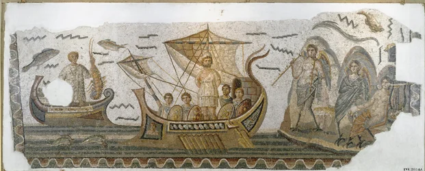 Romersk forntid: ”Odysseus motstår Sirenernas sång på sitt skepp” (Homeros Odysséen). Mosaik. 250-270 e.Kr. Mått: 380 x 130 cm. Tunis, Bardos nationalmuseum