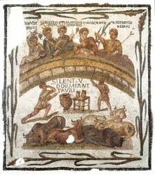 Romersk antiken: "" Bankettscen för amfiteaterns brödraskap""" Mosaik som kommer från El Djem (eller Jem) i Tunisien. 3:e århundradet e.Kr. Dämpa. 131x145 cm Musée du Bardo, Tunis