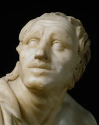 Romersk konst: "" En slipare som slipar sina knivar"" Detalj av hans ansikte. Romersk marmorskulptur från 1:a århundradet f.Kr. efter ett grekiskt original. Dämpa. 105 cm Florens, Galleria degli Uffizi, Tribuna