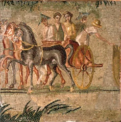 Romersk konst: Tankrace i antiken. Mosaik från 300-talet. Madrid, Museo Arqueologico Nacional.