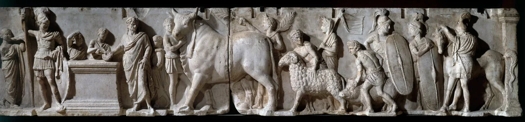 Romersk konst: Domitius Ahenobarbus altare. 100 f.Kr. Offerscen till guden Mars. Marmorrelief. Höjd 2,05 m. Paris, Louvren