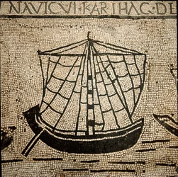 Romersk konst: lastfartyg. Mosaik från 300-talet e.Kr. Ostia, Ostia, Piazzale delle Corporazioni. Italien - romersk konst: ett fartyg lastat med varor. Golvmosaik. 3:e århundradet f.Kr. Piazzale delle Corporazioni, Ostia, Italien