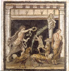 Romersk konst: tuppfäktning i en palaistra i närvaro av personifikationerna av Nederlaget och Segern. Mosaik från Labyrintvillan i Pompeji. 2:a stilen. Mått: 46x42 cm. Nationella arkeologiska museet, Neapel