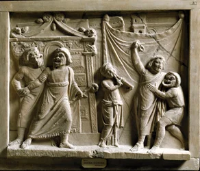 Romersk konst: komisk teaterscen ur pjäsen ”Andria” av Terentius (Publius Terentius Afer) (185-159 f.Kr.), relief från Pompeji - Museo Archeologico Nazionale, Neapel