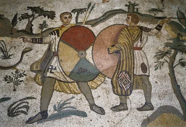 Romersk konst: detalj av mosaiken "" Den stora jaktdelen"" Jägares vapen av stora sköldar. 315-350 e.Kr. Piazza Armerina, Villa Romana del Casale