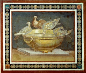Romersk konst: fyra duvor dricker ur en fontän. Mosaik från Villa Adriana, även Hadrianus villa eller Villa Hadrienne, i Tivoli. 100-talet e.Kr. Rom, Kapitolinska museerna