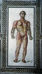 Romersk konst: gladiator. Golvmosaik från Caracallas termer. 212 e.Kr. Rom, Museo Nazionale Romano (eller delle Terme).