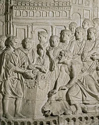 Romersk konst: lågrelief som representerar Sarmat-medborgare som hyllar romarna. Från relieferna av spalten av Marc-Aurele (Marx Aurele). 2:a århundradet e.Kr. Rom, Museo della Civilta Romana