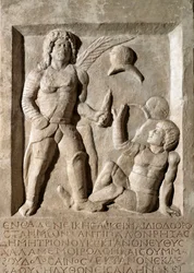 Romersk konst: lågrelief som representerar ett slag av gladiatorer. 2:a århundradet e.Kr. Rom, Museo della Civilta Romana