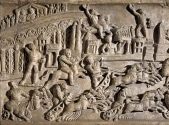 Romersk konst: lågrelief som representerar stridsvagnstävlingar på Circus Maximus (Grand Circus eller Circus Maxime) i Rom. 2:a århundradet e.Kr. Rom, Museo della Civilta Romana