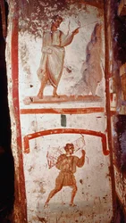 Romersk konst: mirakel av källan och mirakel av de förlamades krig. Fresker. Slutet av 300-talet efter JC. Rom, katakomberna i San Marcellino och Pietro (Peter och Marcellin) - romersk konst. Källans mirakel och den förlamades återhämtning. Fr
