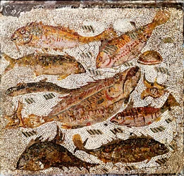 Romersk konst: mosaik som föreställer fiskar. 1:a eller 2:a århundradet e.Kr. Från Villa dei Settimii vid Via Cassia. Rom, Museo Nazionale Romano