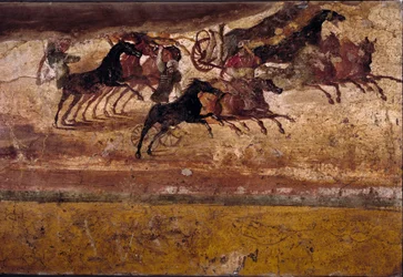 Romersk konst: kapplöpning med quadrigor. Fresk från Quadrigornas villa. Fjärde stilen, Pompeji. Neapel, Museo Archeologico Nazionale