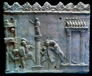 Romersk konst: scen för strid mellan gladiatorer mot odjur eller venatio. 1:a århundradet f.Kr. Genève, Museum of Art and History