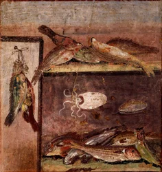 Romersk konst: ”Stilleben med fiskar”. Fresk från Pompeji. 1:a århundradet e.Kr. Neapel, Museo Archeologico Nazionale