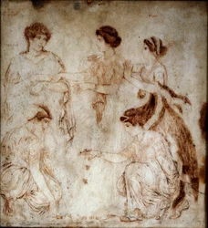 Romersk konst: "Astragalspelarna". Niobe och fyra av hennes döttrar spelar med astragaler. Monokrom målning på marmor från Herculaneum (Ercolano), 1:a århundradet e.Kr. Mått: 42 x 49 cm. Museo Archeologico Nazionale, Neapel
