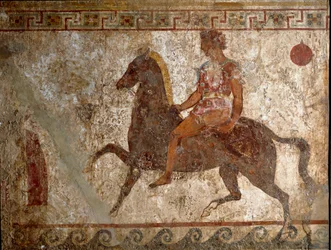 Samnitisk ryttare. Gravmålning från 300-talet f.Kr., från Paestum i Italien. Fresk. Museo nazionale archeologico, Neapel (Neapels nationella arkeologiska museum).