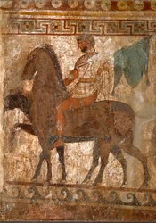 Samnitisk ryttare. Gravmålning från 4:e århundradet f.Kr. från fyndplatsen Paestum i Italien. Fresk. Nationella arkeologiska museet, Neapel
