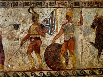 Samnitiska krigare. Gravmålning från 4:e århundradet f.Kr., från Paestum i Italien. Mått: 112x199 cm. Inv. 9363. Museo nazionale archeologico, Neapel (Neapels arkeologiska museum).
