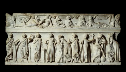 Sarcophagus des Muses: representation av muses deesses of arts and letters. Marmor skulptur. 150 e.Kr. Paris, Louvren.