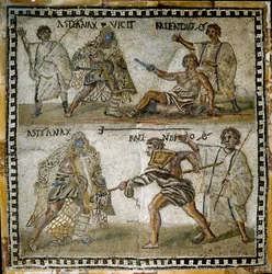 Scen med gladiatorstrider, mellan en pensionär och en securator, 300-talet (mosaik)