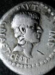 Silvermynt med en bild av Marcus Junius Brutus (83-42 f.Kr.) romersk senator