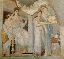 Slav som kammar en flickas hår, Herculaneum, tredje stil (fresk)