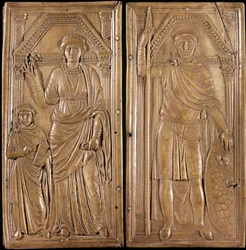 Stilicon (Flavius Stilicho eller Stiliccho, 360-408), general och politiker från det antika Rom av barbariskt ursprung (vandalfar och romersk mor). "" Diptych of Stilicon"": Stilicon-pistol och hans fru Serena och hans son Eucherio. Elfenben omkring 400. T