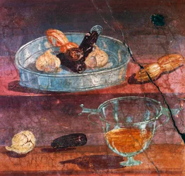 Stilleben med vitlök, dadlar och honung, två guld- och silvermynt mellan frukt, väggmålning från House of Deer, Herculaneum (Unescos världsarvslista