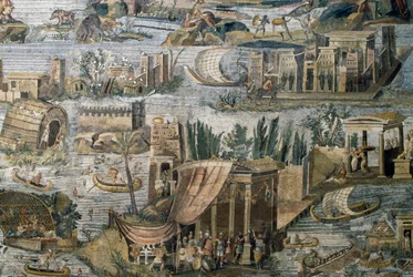 Tempel längs Nilen, detalj från Nilotisk mosaik av översvämning av Nilen i Egypten, från Sanctuary of Fortuna Primigenia i Palestrina, Lazio, Italien, romersk civilisation